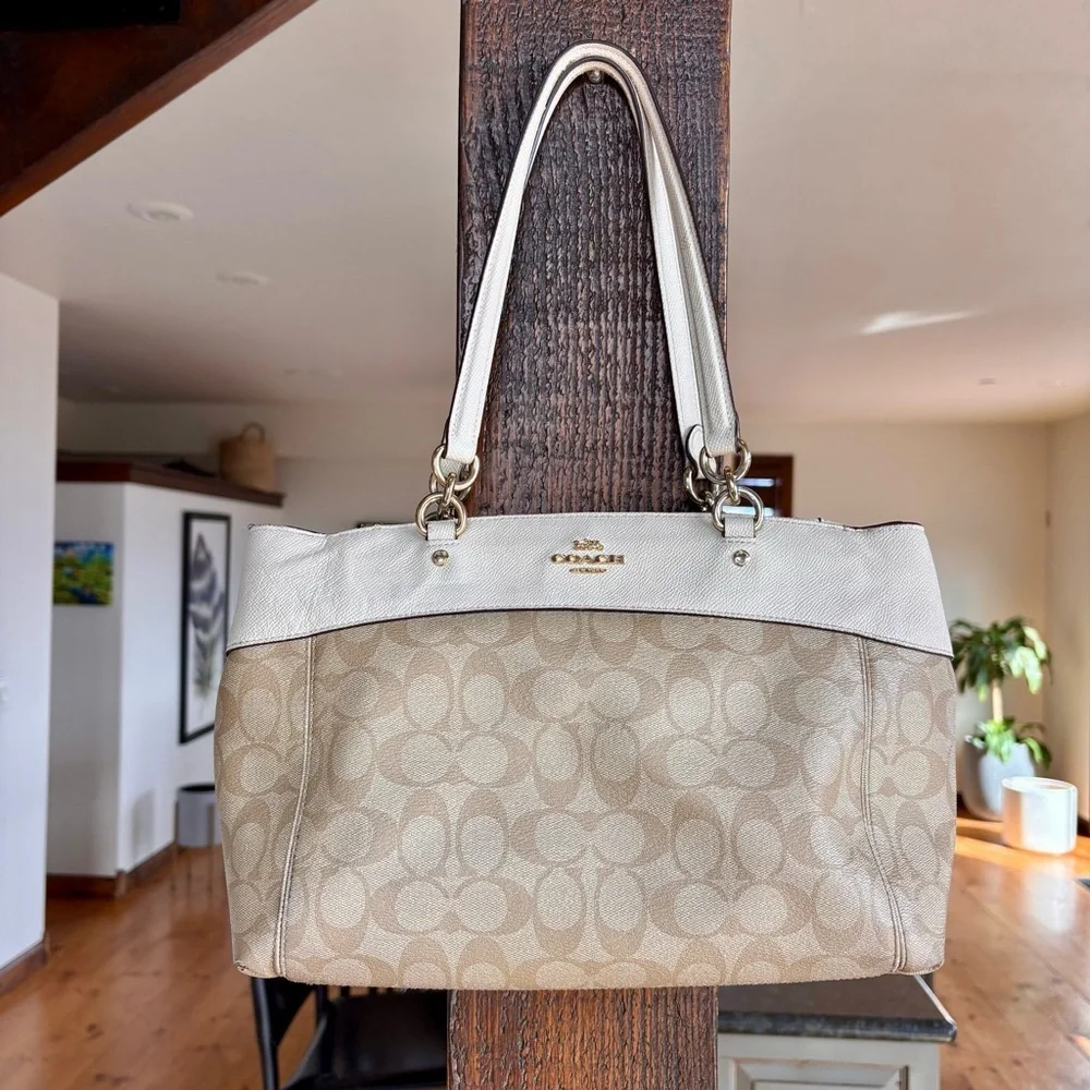 COACH Signature Stripe Gallery Tote F25996 Beige White Canvas Shoulder Bag